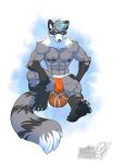  2020 abs anthro ball basketball_(ball) brandon_(rxccoon) bulge clothing hair hi_res jockstrap looking_at_viewer male mammal muscular muscular_anthro muscular_male navel nipples pecs procyonid raccoon simple_background sitting smile solo tattoo underwear vallhund 