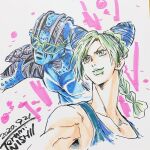  1girl 1other artist_name braid braided_ponytail celebration dated double_bun english_text highres jojo_no_kimyou_na_bouken kujo_jolyne long_neck nishii_terumi sketch stand_(jojo) stone_free stone_ocean 