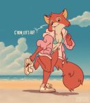  &copy; 2021 absurd_res anthro baggy_clothing beach bikini bra canid canine cheek_tuft clothing cloud collarbone dialogue disney facial_tuft female fluffy fluffy_tail footwear fox fox-pop fur hi_res hoodie maid_marian mammal midriff orange_body orange_fur robin_hood_(disney) sand seaside shoes solo standing swimwear symbol thong topwear tuft underwear unzipped water white_clothing white_footwear white_shoes 