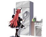  1girl arknights holding holding_spoon horns jacket kitchen long_hair meme oversized_object parody refrigerator refrigerator_interior solo spoon stove suprii surtr_(arknights) 