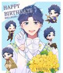  1boy :d absurdres blue_eyes blue_hair blush bouquet bow bowtie chibi dated flower formal gloves happy_birthday highres jojo_no_kimyou_na_bouken jonathan_joestar looking_at_viewer male_focus open_mouth phantom_blood scarf smile suit sword upper_body weapon white_gloves white_neckwear white_suit yellow_flower yofuke_(mu_yume) 