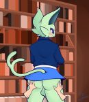  2021 anthro backsack balls blue_clothing blue_shirt blue_topwear blush bottomwear butt butt_grab clothed clothing crossdressing detailed_background duo eeveelution espeon flustered forked_tail fur genitals green_body green_fur hand_on_butt hi_res inside library looking_back magnetiorchid male nintendo partially_clothed pok&eacute;mon pok&eacute;mon_(species) portrait shiny_pok&eacute;mon shirt skirt solo_focus three-quarter_portrait topwear uniform video_games 