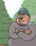  2008 anthro black_nose clothing hat headgear headwear humanoid_hands male mammal mustard_(artist) outside overweight overweight_male plant snow snowing solo sweater topwear tree ursid 