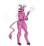  anthro blitzo_(vivzmind) breasts cigarette claws clothed clothing demon fangs female genitals hair helluva_boss hi_res horn imp jiim_01 mrs._mayberry_(vivzmind) nipples open_mouth purple_body pussy red_eyes simple_background solo white_background white_hair 
