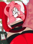  2018 anthro big_breasts breasts bubble_gum chicle_(inkit89) collar curvy_figure detailed_background dialogue digital_media_(artwork) eyeshadow female fur hair hi_res hourglass_figure huge_breasts inkit89 makeup mammal mephitid multicolored_body multicolored_fur phone pink_hair plant red_body red_fur sitting skunk solo spanish_text text thick_thighs tree tube_dress voluptuous white_body white_fur wide_hips 