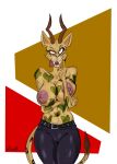  antelope anthro beastars bovid breasts brown_body brown_fur cervid claws clothed clothing crossgender fangs felid female fluffy fluffy_tail fur gazelle hi_res horn hybrid jiim_01 leopard mammal melon_(beastars) nipples open_mouth pantherine partially_clothed simple_background solo tongue tongue_out topless 
