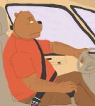  2008 anthro bottomwear brown_body brown_fur car clothing driving fur humanoid_hands inside_car male mammal mustard_(artist) overweight overweight_male pants shirt sitting solo topwear ursid vehicle 