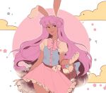  1girl basket bow buttons cloud dark_skin easter_egg egg frills gloves highres linmiee lipstick long_hair makeup moon purple_hair reisen_udongein_inaba skirt solo star_(symbol) tan touhou very_long_hair white_gloves 