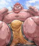  anthro blush body_hair bottomwear bulge chernobog chest_hair clothing demon duo embarrassed fur hairy hi_res horn iwbsb_kuma male male/male musclegut navel pink_body pink_fur pink_skin shorts sitting_on size_difference swimwear tokyo_afterschool_summoners video_games 