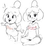  2019 animal_crossing anthro biped bottomless breasts canid canine clothed clothing female greyscale hair high-angle_view isabelle_(animal_crossing) looking_at_viewer mammal monochrome nintendo open_mouth shirt simple_background sitting sketch smile solo spikedmauler standing t-shirt text text_on_clothing text_on_topwear topwear video_games white_background wide_hips 