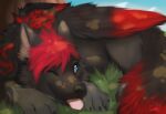  black_body black_fur blep blue_eyes canid canine canis feral fur grass hair lying male mammal one_eye_closed outside plant red_hair smile solo tattoo tongue tongue_out tree wings wink wolf xion_archaeus zempy3 