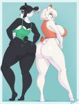  2021 alpaca anthro barefoot big_breasts big_butt black_body black_fur border bottomless breast_squish breasts butt butt_squish camelid clothed clothing dipstick_ears dipstick_tail duo feet female fur giant_panda green_eyes hair hair_bun hair_over_eye hands_on_hips hi_res huge_breasts lei_(skecchiart) leotard lips mammal multicolored_body multicolored_ears multicolored_fur multicolored_hair multicolored_tail one_eye_obstructed pink_lips red_eyes short_hair side_boob signature simple_background skecchiart sofia_sano soles squish standing sweater teal_background thick_lips thick_thighs topwear two_tone_body two_tone_fur two_tone_hair ursid white_body white_fur white_hair wide_hips 