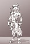  2021 4_toes abs accessory anthro armband athletic athletic_anthro athletic_male bandolier barefoot biceps bottomwear bulge canid canine canis cel_shading clothed clothing dank digital_media_(artwork) feet foot_wraps fur harness headband hi_res hindpaw humanoid_hands knife loincloth looking_up male mammal marsonaut melee_weapon monochrome muscular muscular_anthro muscular_male navel nipples paws pecs plantigrade shaded shadow sheathed_knife sheathed_sword sheathed_weapon signature simple_background sketch solo standing sword toes topless topless_male weapon wolf wraps wrist_wraps 
