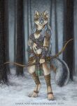  amber_eyes arrow bottomwear bow_(weapon) canid canine clothing dark_natasha ear_piercing ear_ring female forest fox grey_fox jewelry loincloth looking_at_viewer mammal necklace piercing plant pose quiver quiver_(arrows) ranged_weapon snow solo tree urocyon weapon 