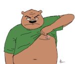  2008 angry anthro black_nose brown_body brown_fur clothing fur humanoid_hands male mammal moobs mustard_(artist) nipples overweight overweight_male shirt simple_background solo topwear ursid white_background 
