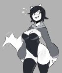  ! 2019 absolute_territory animal_humanoid breasts cleavage clothed clothing corset female greyscale hair hi_res hoodie humanoid legwear lingerie looking_away monochrome smile solo spikedmauler standing thick_thighs thigh_highs topwear wide_hips 