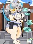  2019 absurd_res anthro belt big_breasts big_butt bottomwear breasts butt clothing curvy_figure detailed_background dialogue digital_media_(artwork) english_text female gloves grey_hair hair handwear hi_res hourglass_figure huge_breasts huge_butt inkit89 lilly_(inkit89) mammal mouse murid murine police police_uniform red_eyes rodent skirt smile solo teeth text thick_thighs tongue uniform voluptuous wide_hips 