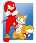  anthro balls bodily_fluids crossed_arms crouching duo genital_fluids genitals hi_res knuckles_the_echidna male male/male miles_prower peeing peeing_on_another penis simple_background size_difference sonic_the_hedgehog_(series) standing tinydevilhorns urine watersports 