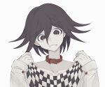  1boy animal_collar bangs black_eyes black_hair blush checkered checkered_scarf clenched_teeth collar collarbone danganronpa_(series) danganronpa_v3:_killing_harmony flipped_hair hair_between_eyes hands_up hhaharaa_(23454s) holding holding_clothes holding_scarf jacket long_sleeves male_focus ouma_kokichi pale_skin red_collar scarf scarf_removed short_hair simple_background sleeves_past_wrists solo sweatdrop teeth upper_body white_background white_jacket 