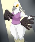  2018 accipitriform aggressive_retsuko anthro avian barely_visible_genitalia barely_visible_pussy beak beauty_mark big_breasts bird black_body black_feathers bottomless breasts clothed clothing curvy_figure dated feathers female genitals hi_res multicolored_body multicolored_feathers nightfaux non-mammal_breasts portrait pussy sanrio secretary_bird secretary_washimi shirt signature solo standing tank_top thick_thighs three-quarter_portrait topwear white_body white_feathers wide_hips yellow_body yellow_feathers 