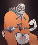  1boy absurdres animal_ears arknights bara bodysuit bound bound_wrists chest_harness feet_out_of_frame furry harness highres hood hood_down ju_neng_binggui large_pectorals looking_at_viewer male_focus mask mountain_(arknights) mouth_mask muscular muscular_male orange_bodysuit scar scar_across_eye short_hair solo tail tiger_boy tiger_ears tiger_tail white_fur 