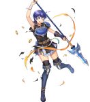  1girl armor bandages bangs belt belt_pouch black_dress black_legwear blue_eyes blue_footwear blue_hair boots breastplate broken_armor coin dress farina_(fire_emblem) fingerless_gloves fire_emblem fire_emblem:_the_blazing_blade fire_emblem_heroes full_body gloves gold highres holding holding_spear holding_weapon katze-reis-kuchen--nyankoromochi leg_up looking_away official_art one_eye_closed open_mouth pleated_skirt polearm pouch shiny shiny_skin short_dress short_sleeves shoulder_armor shoulder_pads single_glove skirt solo spear sweat sweatdrop thigh_boots thighhighs transparent_background weapon zettai_ryouiki 