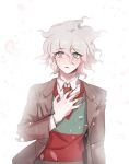  1boy alternate_costume bangs blush brown_jacket cherry_blossoms collared_shirt commentary_request danganronpa_(series) danganronpa_2:_goodbye_despair green_sweater grey_eyes grey_hair gwanlamcha hair_between_eyes hand_on_own_chest highres jacket komaeda_nagito long_sleeves looking_at_viewer lower_teeth male_focus necktie parted_lips petals red_neckwear red_sweater school_uniform shirt short_hair simple_background solo striped striped_sweater sweatdrop sweater upper_body white_background white_shirt 