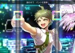  1boy :d ahoge bangs breast_pocket brown_hair clenched_hands collared_shirt danganronpa_(series) danganronpa_2:_goodbye_despair green_eyes green_hair green_neckwear hands_up highres hinata_hajime male_focus necktie ocean open_mouth outstretched_arm pixels pocket print_neckwear shirt short_hair short_sleeves smile solo tagme teeth translation_request upper_body upper_teeth white_shirt youko-shima 
