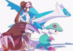  1girl absurdres bangs blue_eyes bow breloom brown_hair closed_mouth commentary double_bun excadrill film_grain gen_3_pokemon gen_5_pokemon hand_on_hip highres latios legendary_pokemon long_hair pantyhose pink_bow pokemon pokemon_(creature) pokemon_(game) pokemon_bw2 raglan_sleeves rosa_(pokemon) saiku_(zvlku) shirt shoes shorts smile sneakers standing twintails visor_cap yellow_shorts 