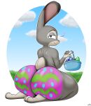  &lt;3 2021 absurd_res anthro big_butt bodypaint butt disney easter easter_egg female fur grey_body grey_fur hi_res holidays huge_butt judy_hopps kneeling lagomorph leporid looking_at_viewer looking_back mammal nude purple_eyes rabbit solo thick_thighs xmetalhusky zootopia 