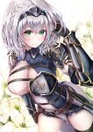  1girl adjusting_hair armor belt black_gloves black_headband braid breasts cleavage closed_mouth commentary_request cowboy_shot fingerless_gloves gloves green_eyes hand_up headband highres hololive imo_bouya large_breasts shirogane_noel short_hair silver_hair smile solo thighhighs 