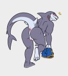  3_toes absurd_res animal_genitalia anthro anus bent_over blush bottomwear butt clothing feet fin fish genital_slit genitals grey_background grey_body hi_res looking_back male marine nude red_eyes shark sharkiedude simple_background slit solo toes 