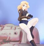  1girl absurdres artist_name binoculars black_footwear black_shirt blonde_hair blue_eyes blue_shorts boots brown_jacket closed_mouth cutoffs denim denim_shorts emblem english_commentary girls_und_panzer ground_vehicle hair_intakes highres holding holding_binoculars inisipis jacket kay_(girls_und_panzer) knee_up long_sleeves looking_at_viewer m4_sherman medium_hair micro_shorts midriff military military_uniform military_vehicle motor_vehicle navel open_clothes open_jacket saunders_military_uniform shirt shorts signature sitting skindentation smile solo star_(symbol) tank thighhighs uniform white_legwear 