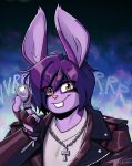  abstract_background arthur clothing easter egg fur gloves hair handwear hi_res holidays jacket lagomorph lapinbeau leather leather_clothing leather_jacket leather_topwear leporid mammal purple_body purple_fur purple_hair rabbit sex_toy topwear vibrator 