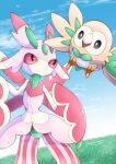  bird cloud commentary_request day eye_contact gen_7_pokemon grass highres looking_at_another lurantis no_humans outdoors owl pokemon pokemon_(creature) rowlet signature sky standing tanpakuroom 