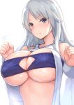  1girl alice_gear_aegis asahashi_tsuyu bangs blue_eyes blush breasts cheerleader cleavage_cutout clenched_hands closed_mouth clothing_cutout covered_nipples dot_nose eyebrows_visible_through_hair grey_hair highres huge_breasts kondou_chieri long_hair looking_at_viewer midriff motion_lines open_clothes open_shirt parted_bangs sidelocks simple_background smile solo sweat upper_body white_background 