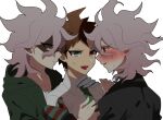  3boys :d ahoge angry black_jacket blue_eyes blush brown_hair danganronpa_(series) danganronpa_2:_goodbye_despair danganronpa_another_episode:_ultra_despair_girls dual_persona eye_contact grabbing grabbing_from_behind green_jacket green_neckwear grey_hair hair_between_eyes hanabishi hinata_hajime hood hood_down hooded_jacket jacket jealous komaeda_nagito looking_at_another male_focus mechanical_arms messy_hair multiple_boys necktie open_mouth parted_lips red_eyes shaded_face shirt short_hair single_mechanical_arm smile sweat upper_body white_shirt yaoi 