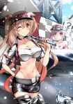  2girls alternate_costume bandeau black_skirt boots breasts brown_eyes car gradient_hair ground_vehicle harusame_(kancolle) highres holding holding_umbrella kantai_collection large_breasts light_brown_hair long_hair miniskirt motor_vehicle multicolored_hair multiple_girls murasame_(kancolle) navel one_eye_closed pink_hair race_queen red_eyes remodel_(kantai_collection) side_ponytail skirt strapless thigh_boots thighhighs two_side_up umbrella very_long_hair visor_cap yo-suke 