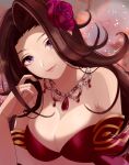  1girl arm_under_breasts armpits bare_shoulders blurry blurry_background breasts brown_hair cleavage dress eyes_visible_through_hair floating_hair forehead hair_ornament ich. idolmaster idolmaster_cinderella_girls jewelry large_breasts light_smile lipgloss long_hair looking_at_viewer necklace off-shoulder_dress off_shoulder red_dress rose_hair_ornament solo takahashi_reiko upper_body 