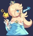  1girl bare_shoulders blonde_hair blue_dress blue_eyes blush breasts character_name collarbone commentary cropped_torso crown dress earrings hair_over_one_eye hand_up holding holding_wand iroyopon jewelry lips long_hair long_sleeves looking_to_the_side luma_(mario) mario_(series) parted_lips rosalina simple_background star_(symbol) super_mario_galaxy wand 