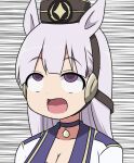  1girl ahegao animal_ears breasts bridle choker cleavage commentary_request ear_covers gold_ship_(umamusume) horse_ears horse_girl large_breasts open_mouth portrait purple_eyes purple_hair rolling_eyes school_uniform solo super_masara super_masara_ahegao tracen_school_uniform umamusume 