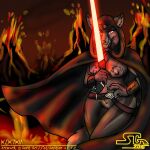 2016 amaran anthro breasts canid cape clothing female fur genitals grey_body grey_fur grin hi_res holding_object holding_weapon hood lava lightsaber mammal melee_weapon mostly_nude nipples portrait pussy saphine sith smile solo star_wars three-quarter_portrait volcano weapon 