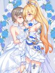  2girls armor bangs bare_shoulders bianka_durandal_ataegina blonde_hair blue_flower blush breast_press breasts bride cleavage closed_mouth collarbone dress earrings eyebrows_visible_through_hair flower garter_straps gloves grey_hair hair_flower hair_ornament highres holding_hands honkai_(series) honkai_impact_3rd jewelry large_breasts long_hair looking_at_another mole mole_under_eye multiple_girls one_eye_closed ponytail rita_rossweisse ruo_zhishi_chu_jian short_hair smile standing thighhighs wedding_dress white_dress white_flower white_gloves white_legwear yuri 