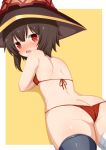  1girl ass bandaged_leg bandages bangs bare_shoulders bikini black_hair black_headwear black_legwear blush breasts butt_crack eyebrows_visible_through_hair hair_between_eyes hat kono_subarashii_sekai_ni_shukufuku_wo! lying megumin micro_bikini navel on_stomach open_mouth red_bikini red_eyes short_hair short_hair_with_long_locks sidelocks single_thighhigh sitting small_breasts solo swimsuit thighhighs toshishikisai witch_hat 