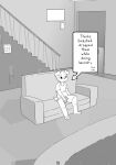  absurd_res anthro canid canine canisfidelis carpet clothed clothing comic controller description furniture hi_res humphrey_(canisfidelis) living_room male mammal monochrome remote_control sitting sofa solo stairs text_box young 