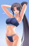  1girl armpits arms_behind_head arms_up bangs bare_shoulders bikini black_hair blue_background blue_bikini blue_eyes blush breasts collarbone fate/grand_order fate_(series) gachou gradient gradient_background hair_bun highres large_breasts long_hair looking_at_viewer navel open_mouth parted_bangs side_bun side_ponytail sidelocks smile swimsuit thighs translation_request ushiwakamaru_(fate) ushiwakamaru_(swimsuit_assassin)_(fate) very_long_hair wet 