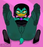  anatid anseriform avian bird breasts clothing disney duck ducktales ducktales_(2017) feet female genitals green_body hi_res humanoid_feet legwear looking_at_viewer magica_de_spell mrchasecomix nipples presenting pussy solo stockings 