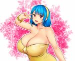  1girl bangs bare_shoulders blue_hair blush bracelet breasts cleavage dress erkaz eyebrows_visible_through_hair hairband hand_up huge_breasts jewelry leaf medium_hair open_mouth original outline red_eyes rina_atherina solo strapless strapless_dress upper_body white_outline yellow_dress yellow_hairband 