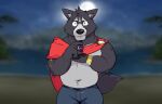  adastra adastra_(series) amicus_(adastra) anthro beach blurred_background blush bottomwear canid canine canis cape clothed clothing denim denim_clothing digit_ring echo_project full_moon gold_(metal) gold_jewelry hi_res jeans jewelry lake male mammal marcydragonwolf moon muscular muscular_male night pants ring seaside slightly_chubby smile smiling_at_viewer solo topless topless_male video_games visual_novel wedding_ring wolf 