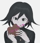  1boy :p bangs black_eyes black_hair black_jacket blood blood_on_face candy chocolate chocolate_heart danganronpa_(series) danganronpa_v3:_killing_harmony food gloves hair_between_eyes heart hhaharaa_(23454s) highres jacket long_sleeves looking_at_viewer male_focus official_alternate_costume ouma_kokichi pale_skin pink_blood short_hair simple_background smile solo tongue tongue_out upper_body white_background 
